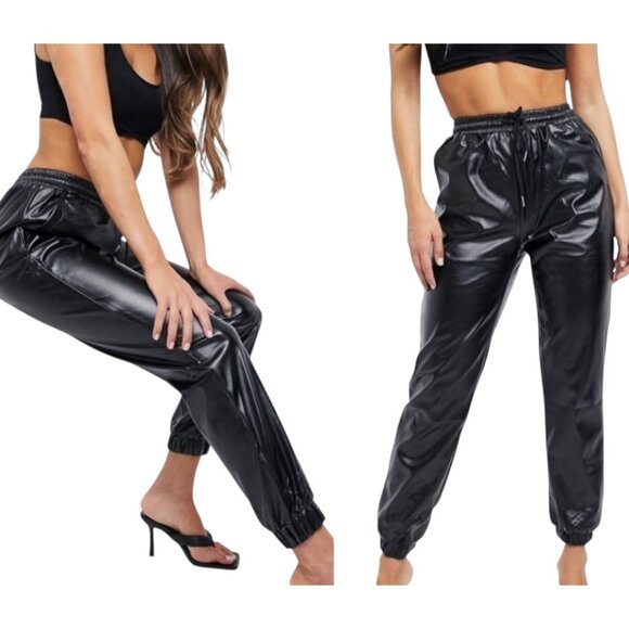 MISSGUIDED VEGAN LEATHER JOGGERS BLACK FIERCE HOLLYWOOD SZ 4 - Picture 2 of 8